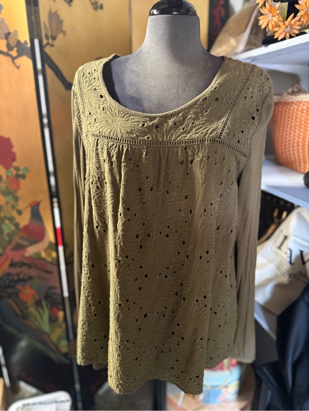 Lane Bryant Olive Green Eyelet Long-Sleeve Top